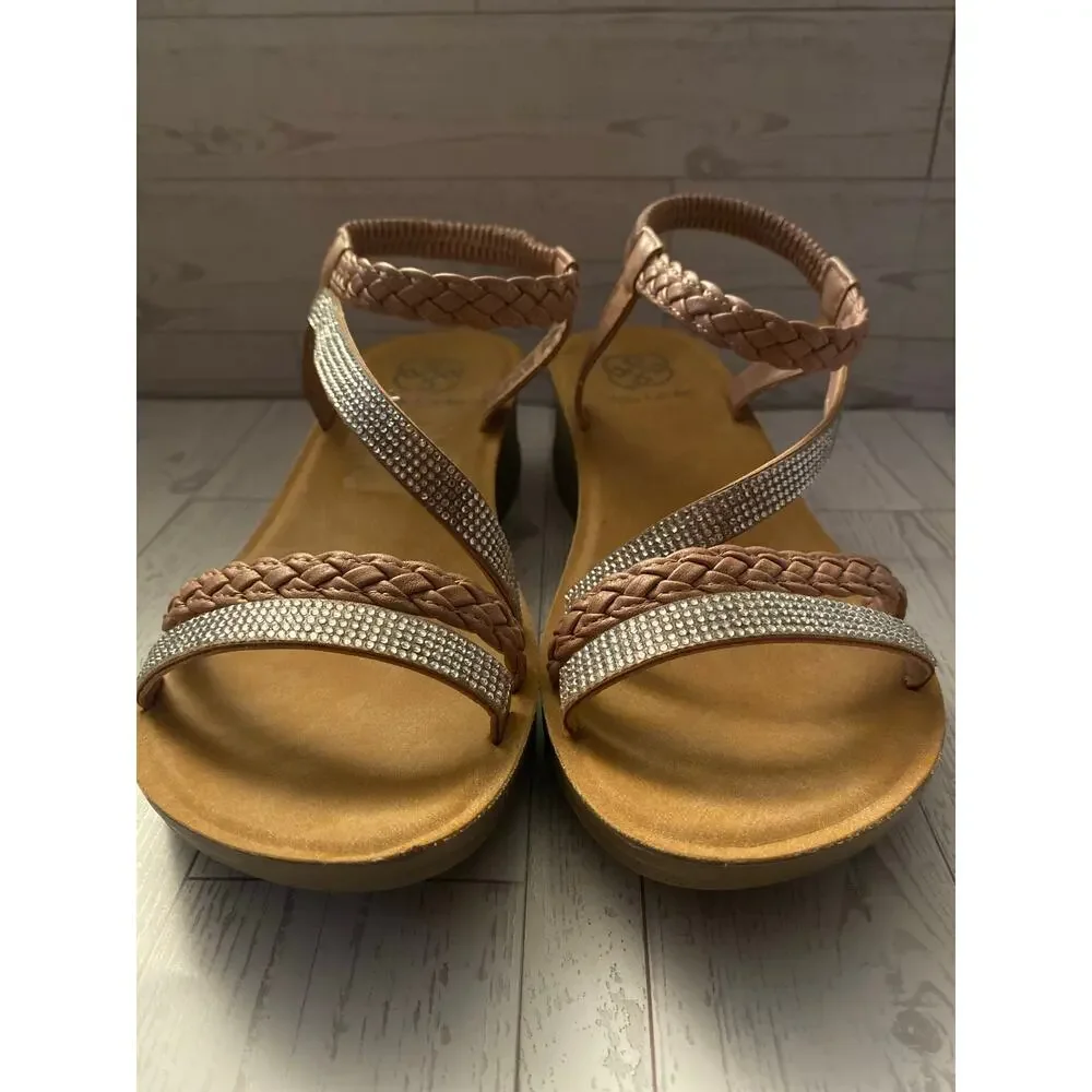Daisy Fuentes Tan Rhinestone Braided Wedge Sandals Size 8.5 Slip-On Platform - Picture 2 of 5